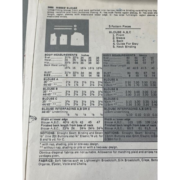 Butterick Sewing Pattern 5885 Misses Blouse Size 10 Vintage 80s Blouse A B C CUT - Picture 4 of 6